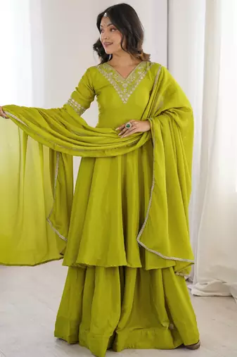 Stunning Olive Green Embroidered Chinon Mehendi Wear Palazzo Suit