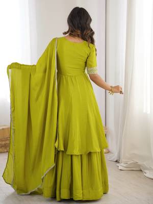 Stunning Olive Green Embroidered Chinon Mehendi Wear Palazzo Suit 4