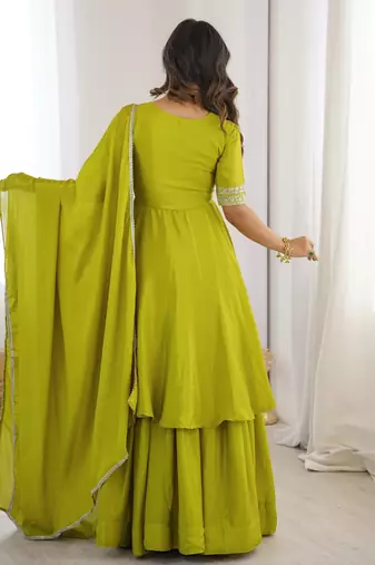 Stunning Olive Green Embroidered Chinon Mehendi Wear Palazzo Suit