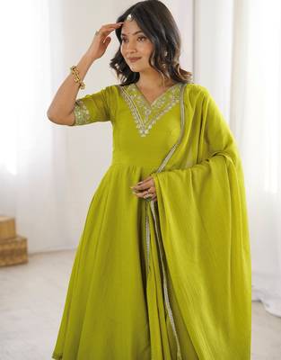Stunning Olive Green Embroidered Chinon Mehendi Wear Palazzo Suit 5
