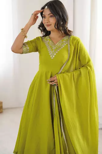 Stunning Olive Green Embroidered Chinon Mehendi Wear Palazzo Suit