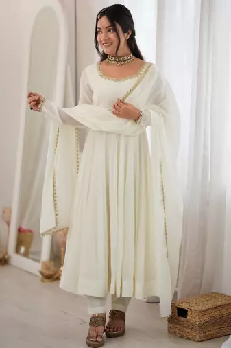 Alluring White Mirror Laced Chanderi Festive Wear Anarkali Suit