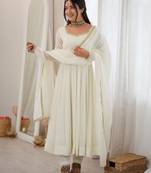 Alluring White Mirror Laced Chanderi Festive Wear Anarkali Suit