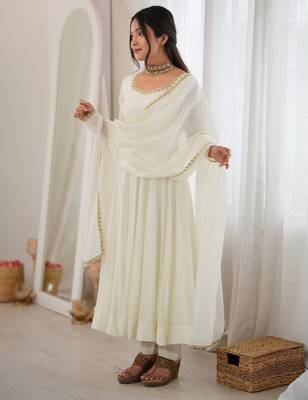 Alluring White Mirror Laced Chanderi Festive Wear Anarkali Suit 2