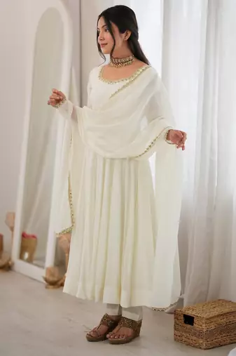 Alluring White Mirror Laced Chanderi Festive Wear Anarkali Suit