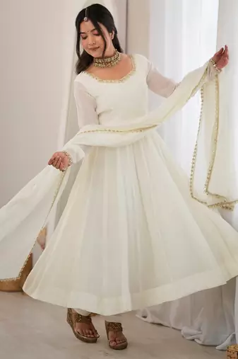 Alluring White Mirror Laced Chanderi Festive Wear Anarkali Suit