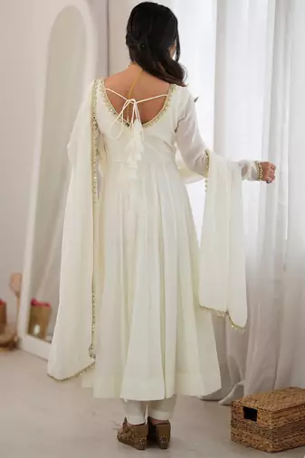 Alluring White Mirror Laced Chanderi Festive Wear Anarkali Suit