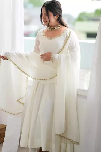 Alluring White Mirror Laced Chanderi Festive Wear Anarkali Suit