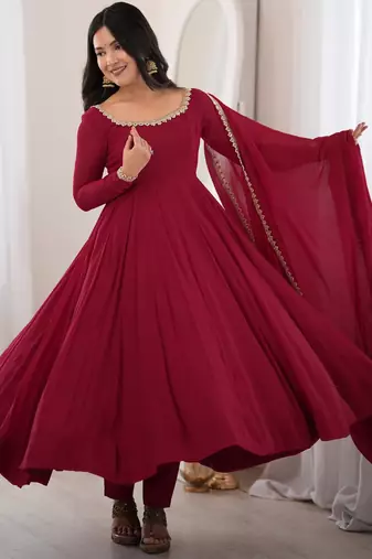 Wonderful Maroon Mirror Laced Chanderi Wedding Wear Anarkali Suit