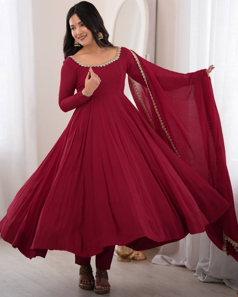 Wonderful Maroon Mirror Laced Chanderi Wedding Wear Anarkali Suit