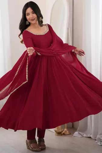 Wonderful Maroon Mirror Laced Chanderi Wedding Wear Anarkali Suit