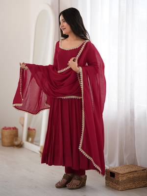 Wonderful Maroon Mirror Laced Chanderi Wedding Wear Anarkali Suit 3