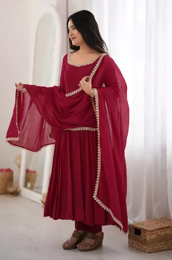 Wonderful Maroon Mirror Laced Chanderi Wedding Wear Anarkali Suit