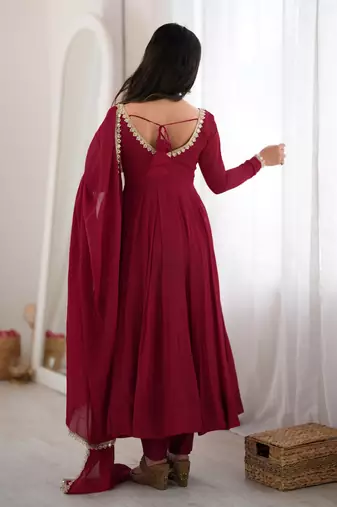 Wonderful Maroon Mirror Laced Chanderi Wedding Wear Anarkali Suit