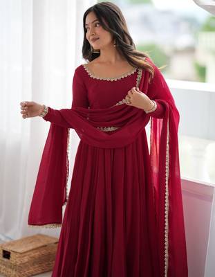 Wonderful Maroon Mirror Laced Chanderi Wedding Wear Anarkali Suit 5
