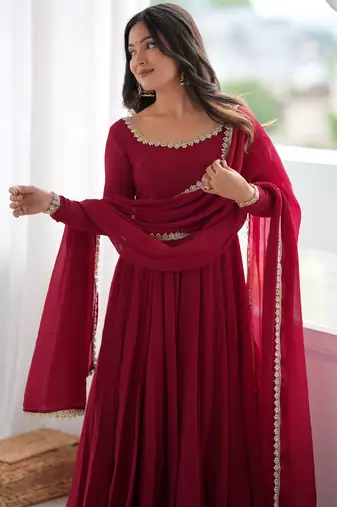 Wonderful Maroon Mirror Laced Chanderi Wedding Wear Anarkali Suit