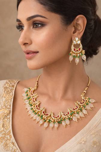 Gold plated kundan necklace set with green beads and white drop with chandbali earrings