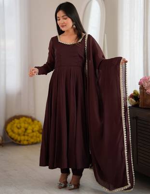 Spectacular Dark Brown Mirror Laced Chanderi Festive Wear Anarkali Suit 1