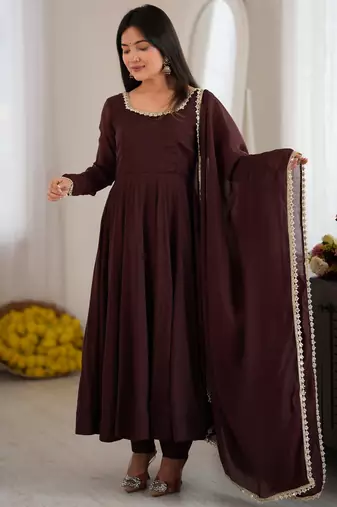Spectacular Dark Brown Mirror Laced Chanderi Festive Wear Anarkali Suit