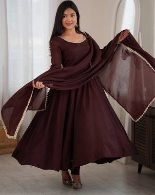 Spectacular Dark Brown Mirror Laced Chanderi Festive Wear Anarkali Suit 2
