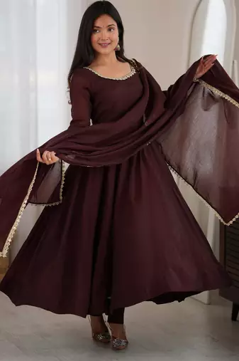 Spectacular Dark Brown Mirror Laced Chanderi Festive Wear Anarkali Suit
