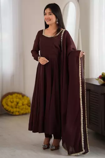 Spectacular Dark Brown Mirror Laced Chanderi Festive Wear Anarkali Suit