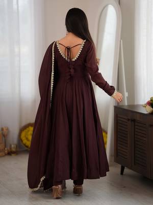 Spectacular Dark Brown Mirror Laced Chanderi Festive Wear Anarkali Suit 4
