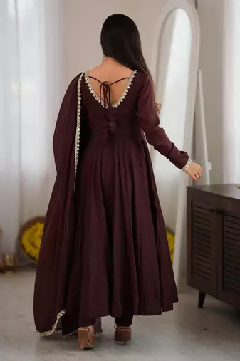 Spectacular Dark Brown Mirror Laced Chanderi Festive Wear Anarkali Suit