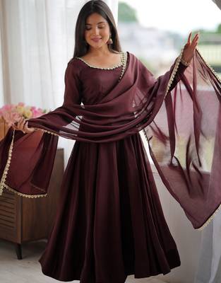Spectacular Dark Brown Mirror Laced Chanderi Festive Wear Anarkali Suit 5