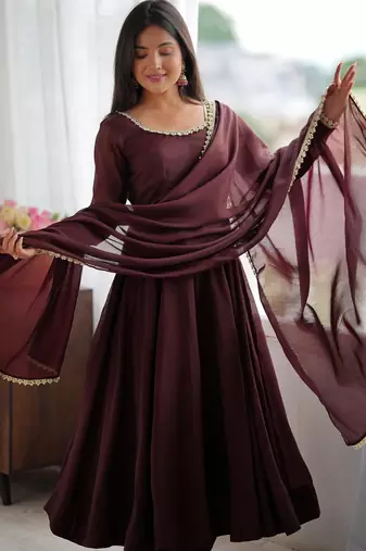 Spectacular Dark Brown Mirror Laced Chanderi Festive Wear Anarkali Suit