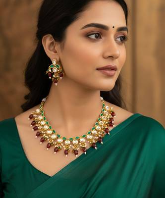 Gold plated kundan necklace set with green meenakari, red beads and crystal accents with earrings 1