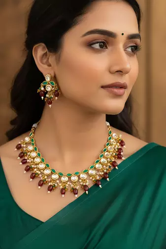 Gold plated kundan necklace set with green meenakari, red beads and crystal accents with earrings