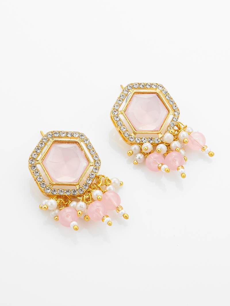 Gold plated kundan necklace set with pink stones end earrings