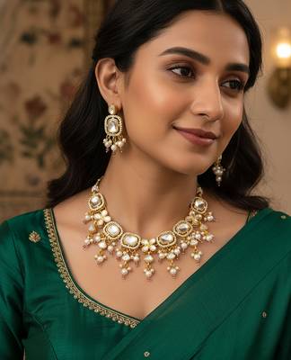 Gold-plated kundan choker necklace set with crystal stones and pearl drops and earrings 1