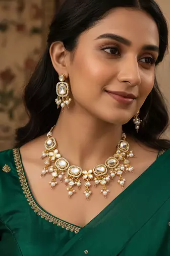 Gold-plated kundan choker necklace set with crystal stones and pearl drops and earrings