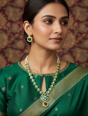 Gold-plated kundan necklace set with green meenakari pendant and pearl chain and earrings 1