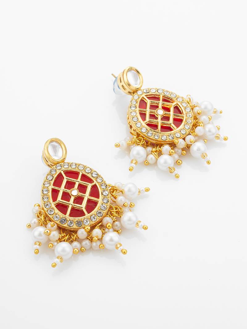 Gold-plated double-layer kundan necklace set with red stones and pearl drops end earrings