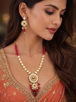Gold-plated kundan long necklace set with beads and floral meenakari pendant and earrings 1