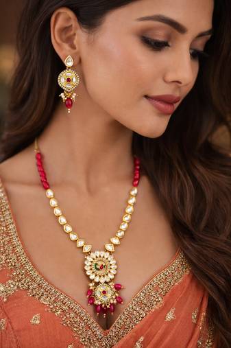 Gold-plated kundan long necklace set with beads and floral meenakari pendant and earrings