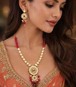 Gold-plated kundan long necklace set with beads and floral meenakari pendant and earrings