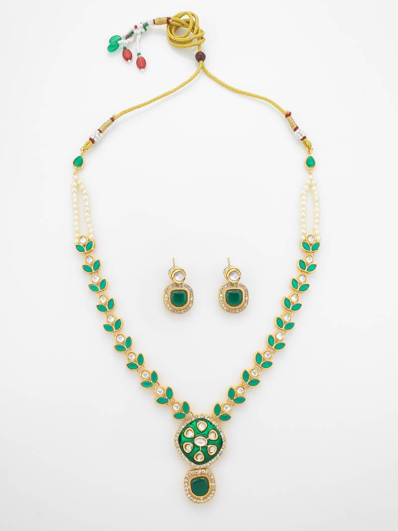 Gold-plated kundan necklace set with green meenakari pendant and pearl chain and earrings