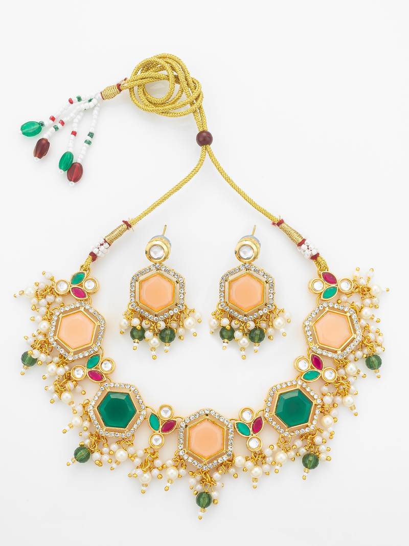 Gold-plated kundan choker necklace set with peach and green stones