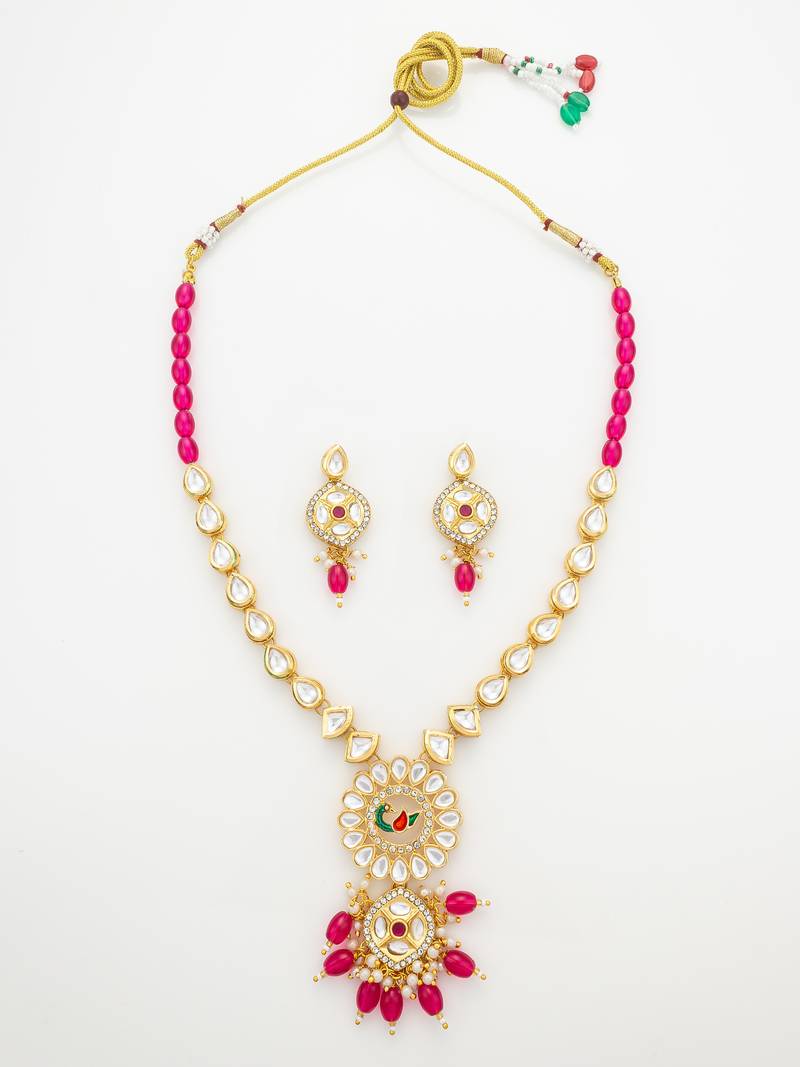Gold-plated kundan long necklace set with beads and floral meenakari pendant and earrings