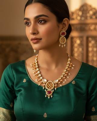 Red kundan polki necklace set with meenakari accents and drop earrings 1