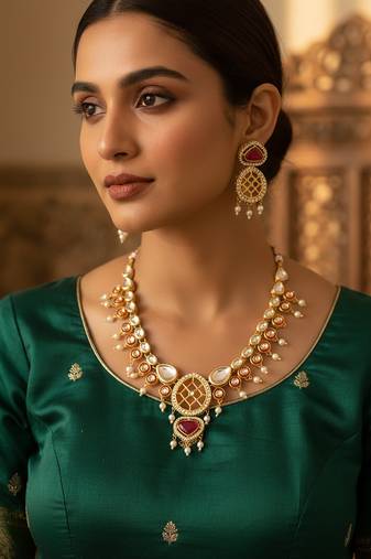 Red kundan polki necklace set with meenakari accents and drop earrings