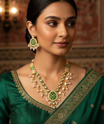 Green meenakari kundan double-layer choker necklace set with pearl drops and chandbali earrings 1