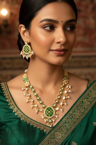 Green meenakari kundan double-layer choker necklace set with pearl drops and chandbali earrings