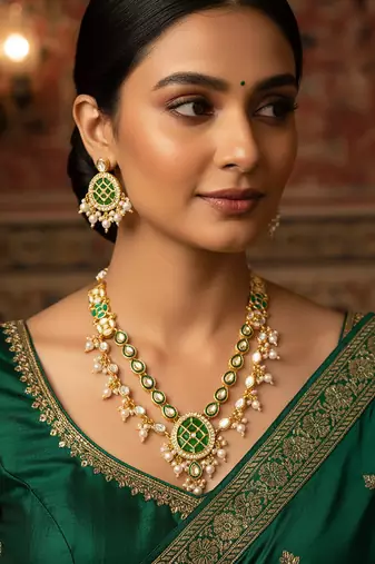 Green meenakari kundan double-layer choker necklace set with pearl drops and chandbali earrings