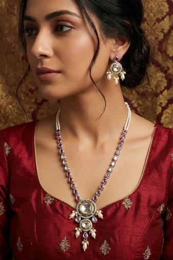 kundan long necklace set with ruby-tone stones and pearl drops