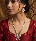 kundan long necklace set with ruby-tone stones and pearl drops